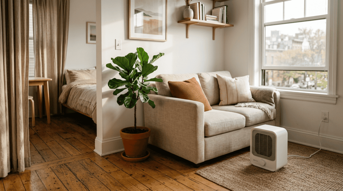 Compact space heater in a small sunlit studio apartment
