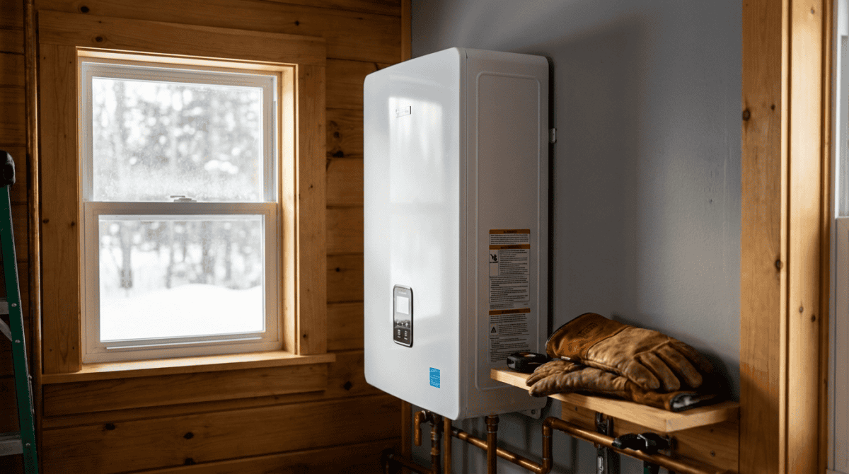 Modern electric tankless water heater mounted on a utility-room wall in a snowy northern home