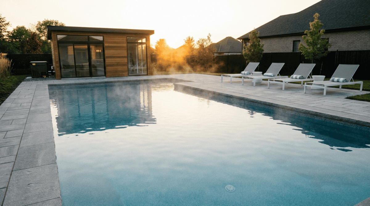 Large residential inground swimming pool at golden hour with a gas heater equipment pad