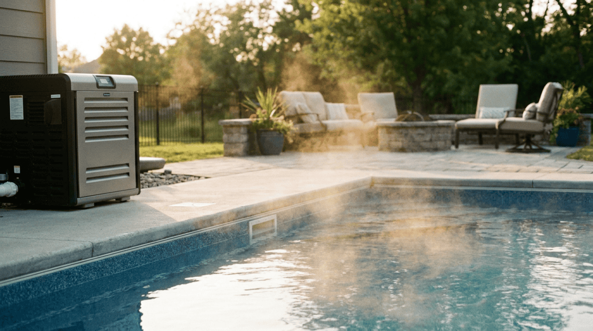 Backyard in-ground pool with a natural gas pool heater on the equipment pad