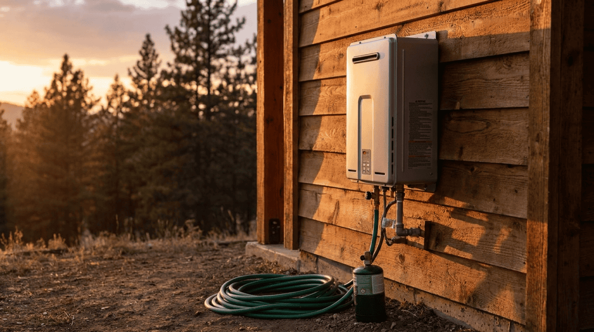 Compact propane tankless water heater on an off-grid cabin wall