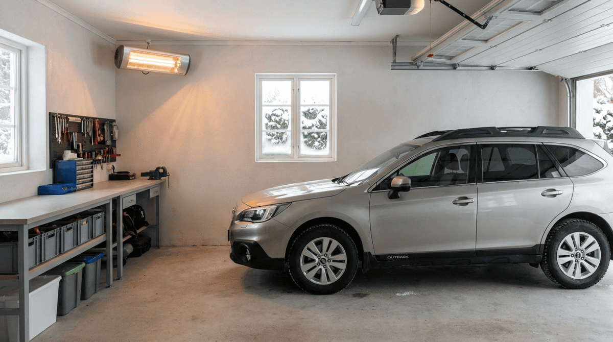 Wall-mounted forced-air electric heater in a two-car garage