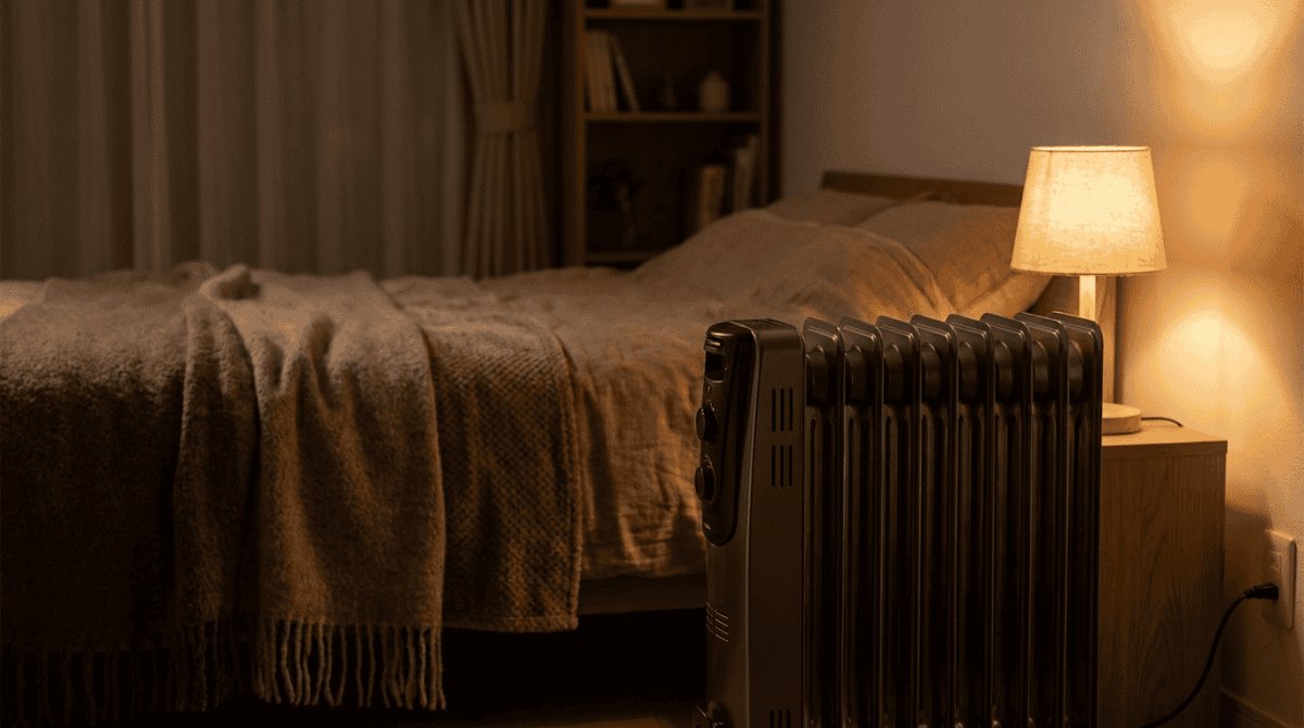 Quiet oil-filled radiator space heater beside a bed in a dim bedroom