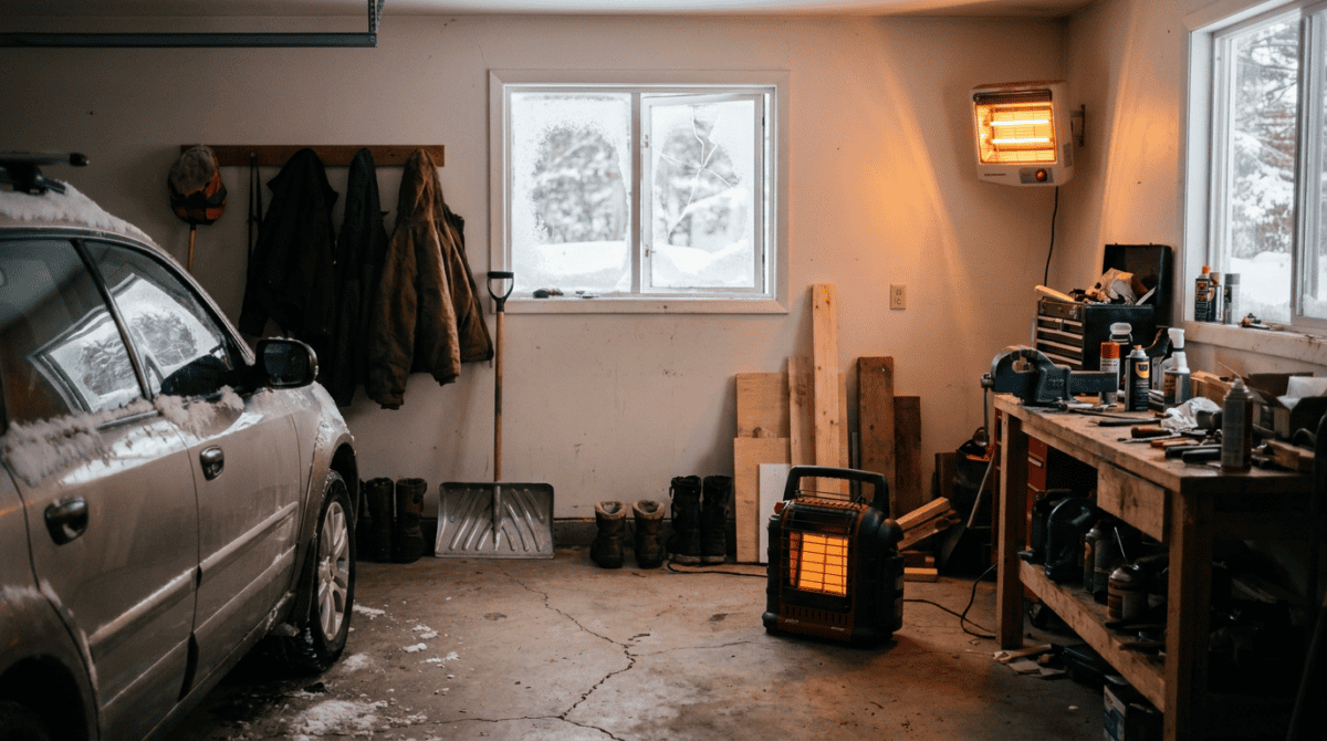 Two-car garage heated by a wall-mounted electric heater and a portable propane heater in winter
