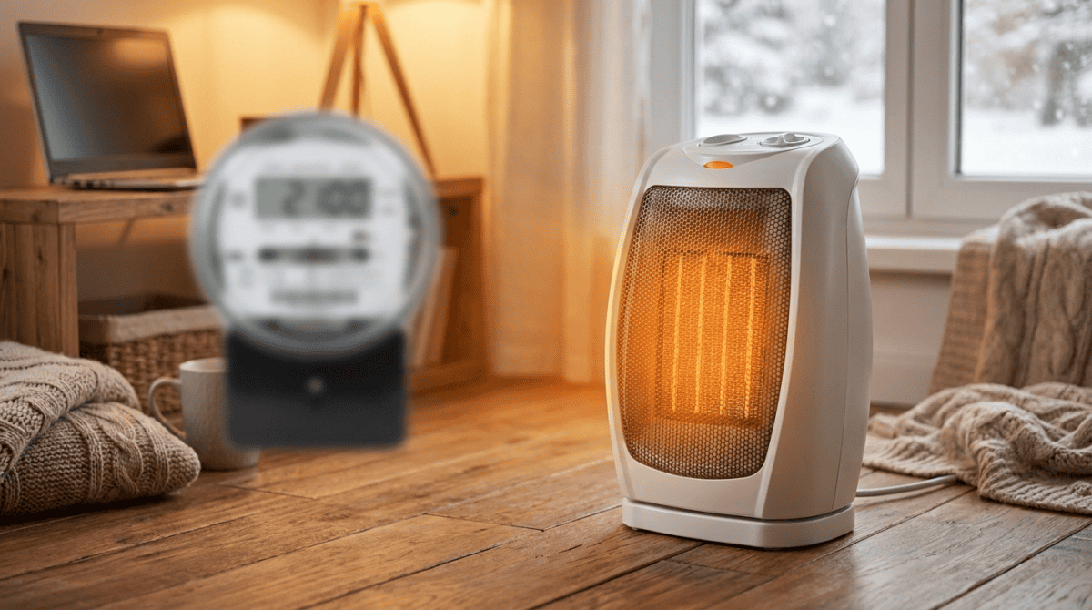 Ceramic space heater running in a living room with an energy meter in the background