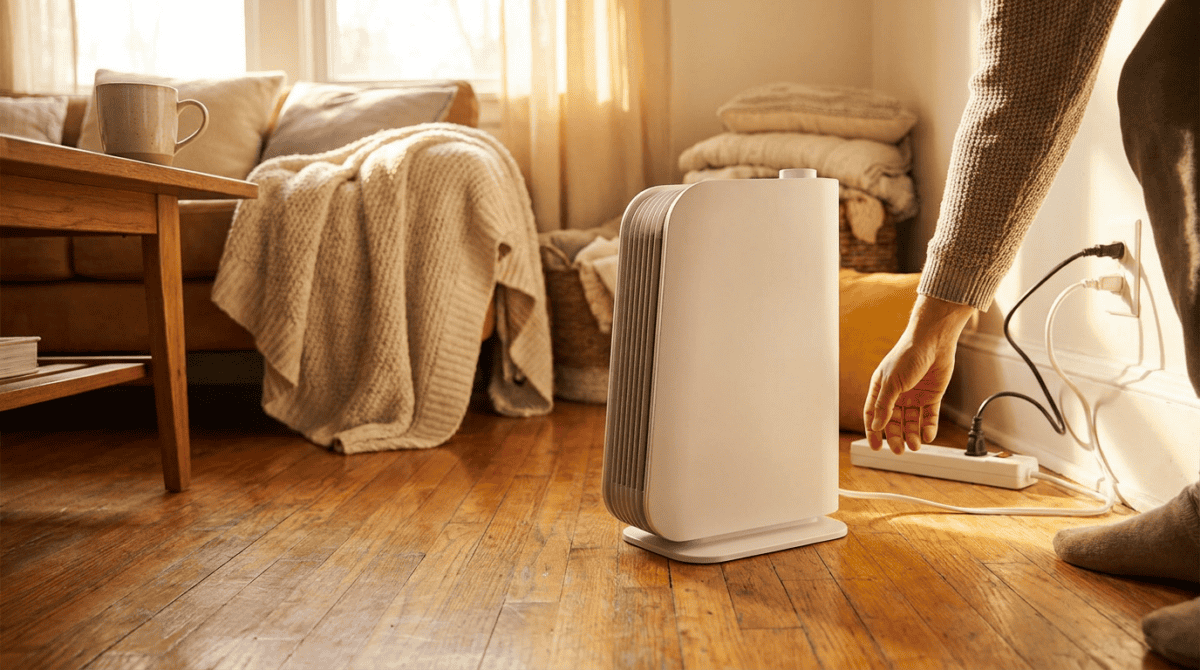 Hand reaching to unplug a white electric space heater on a hardwood floor