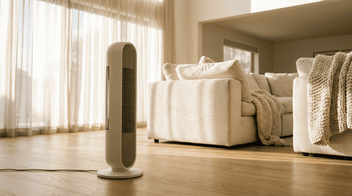Tower fan-forced space heater in a large high-ceilinged living room