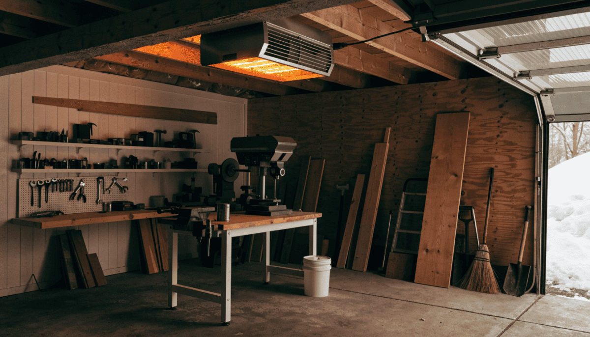 240V electric forced-air garage heater warming a home workshop