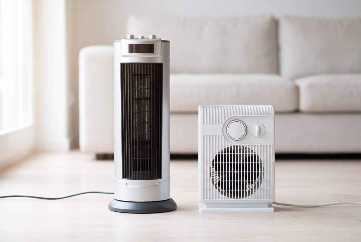 Ceramic tower heater and compact fan heater side by side on a living room floor