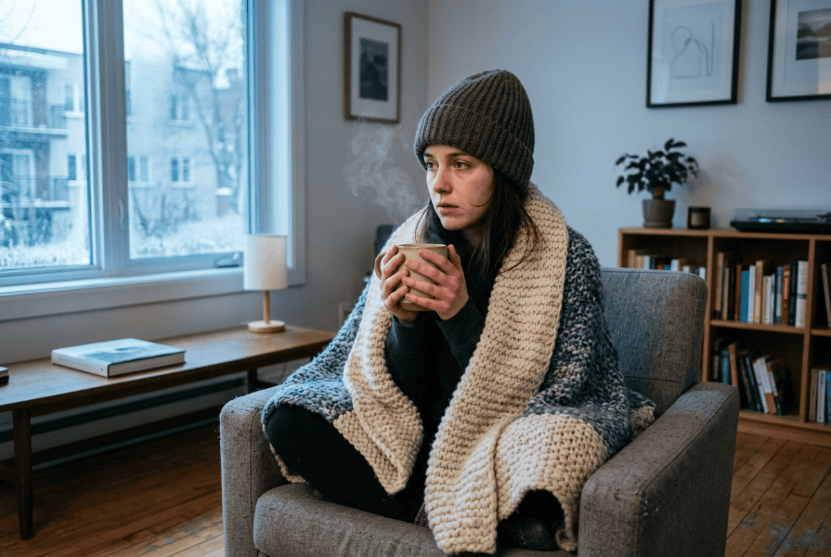 Person wrapped in a blanket and beanie holding a hot mug in a cold apartment by a frosty window
