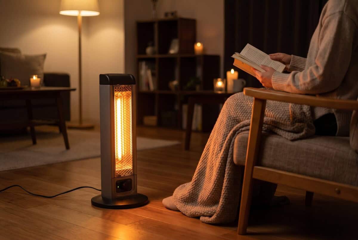 Carbon infrared tower heater glowing warm beside a person reading in an armchair