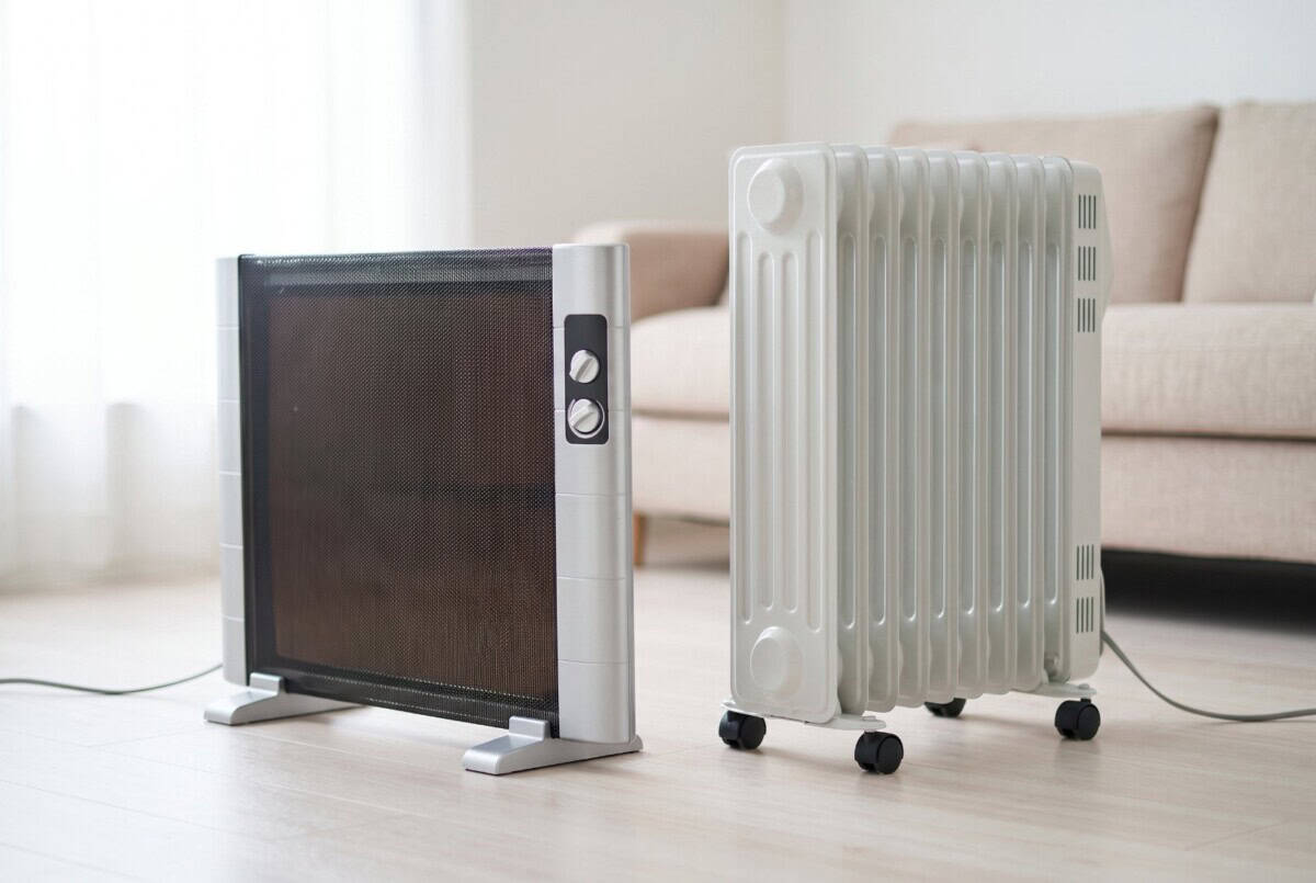 Slim micathermic panel heater beside a white oil-filled column radiator on castor wheels