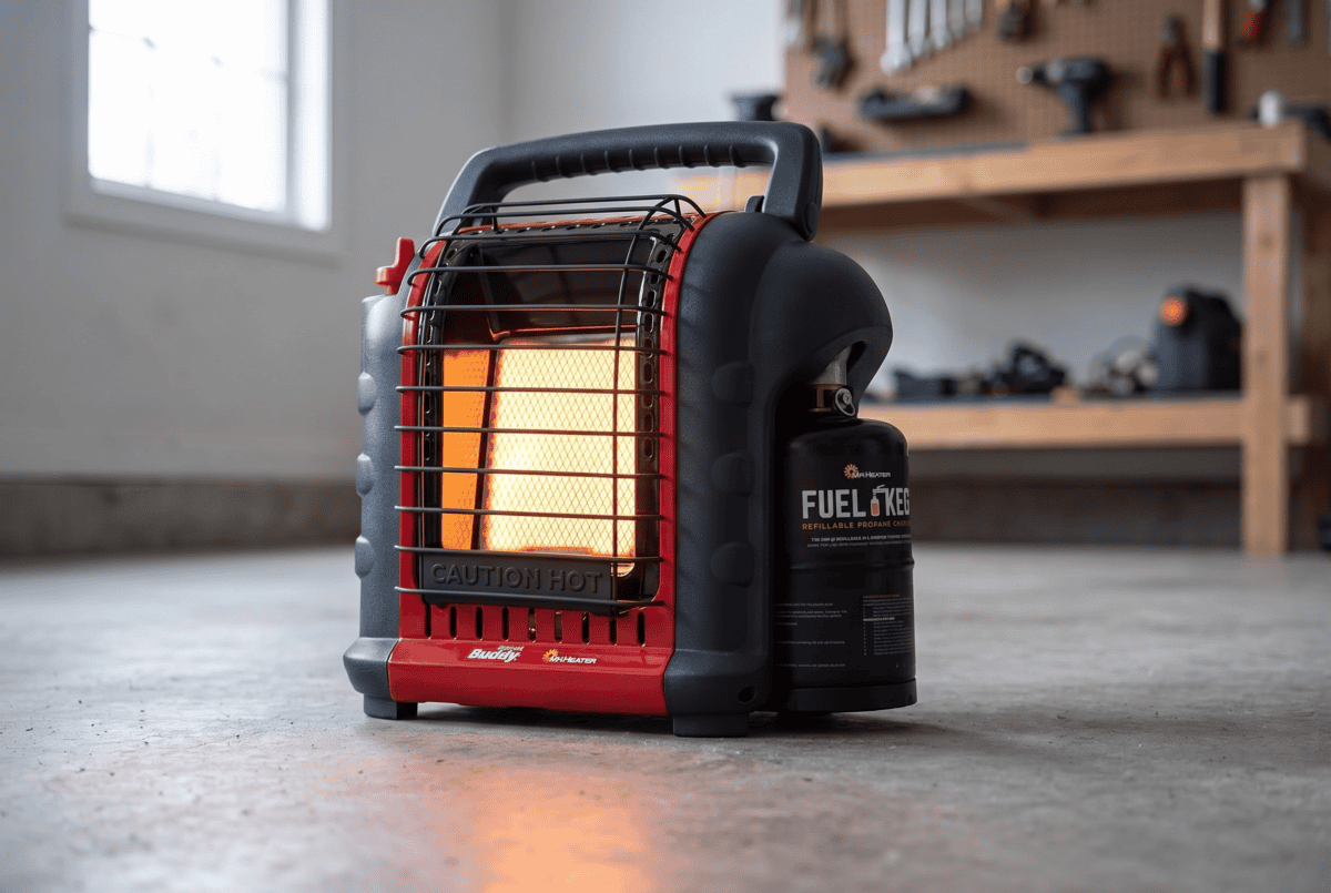 Mr. Heater Portable Buddy MH9BX propane radiant heater lit and glowing on a concrete garage floor with a 1 lb propane cylinder attached
