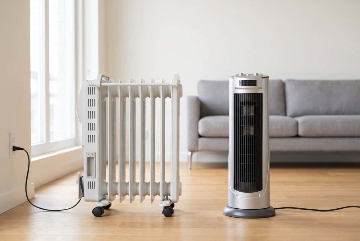 Oil-filled column radiator and ceramic tower heater side by side on an apartment living room floor
