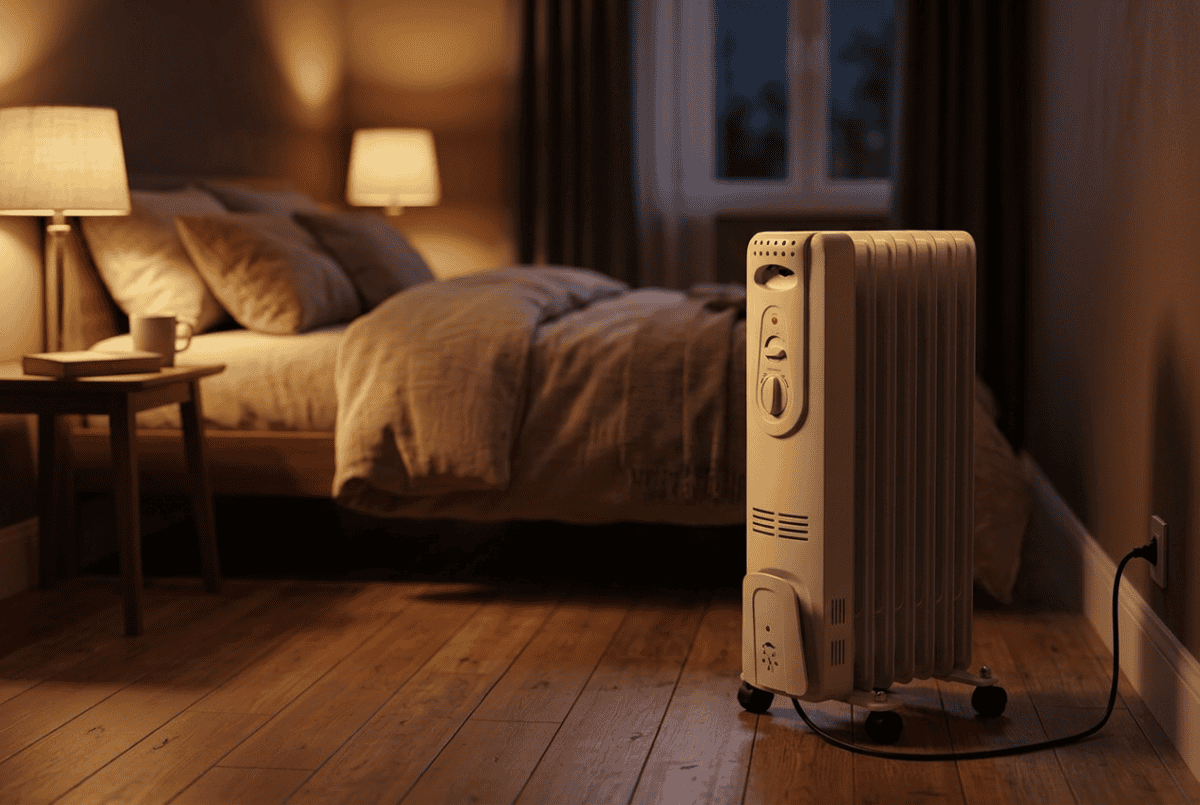 Oil-filled column radiator heating a bedroom at night, a safe distance from the bed and plugged into a wall outlet