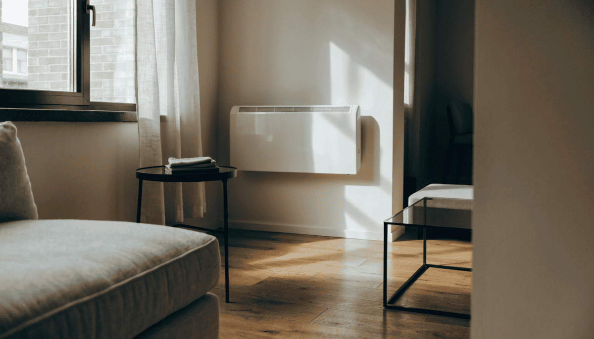 Slim electric panel heater mounted on a renter apartment living room wall