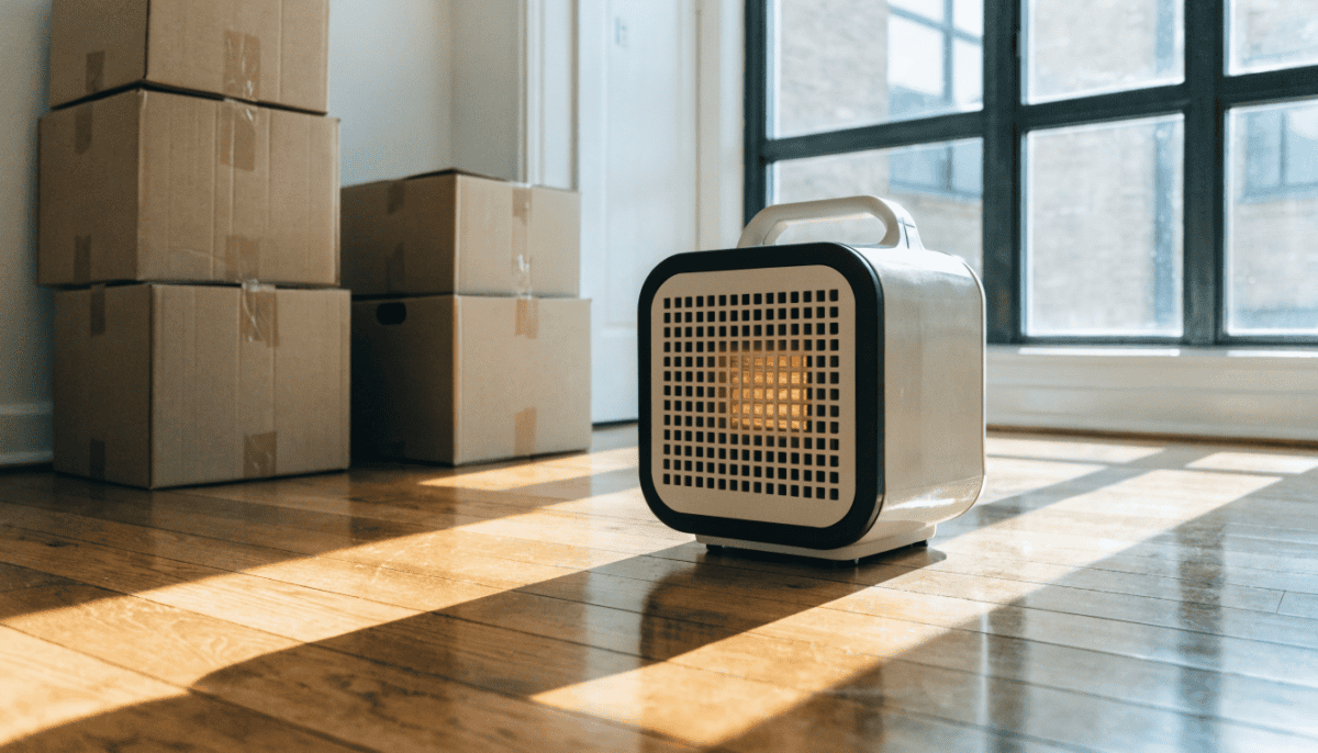Compact portable space heater with a carry handle beside moving boxes