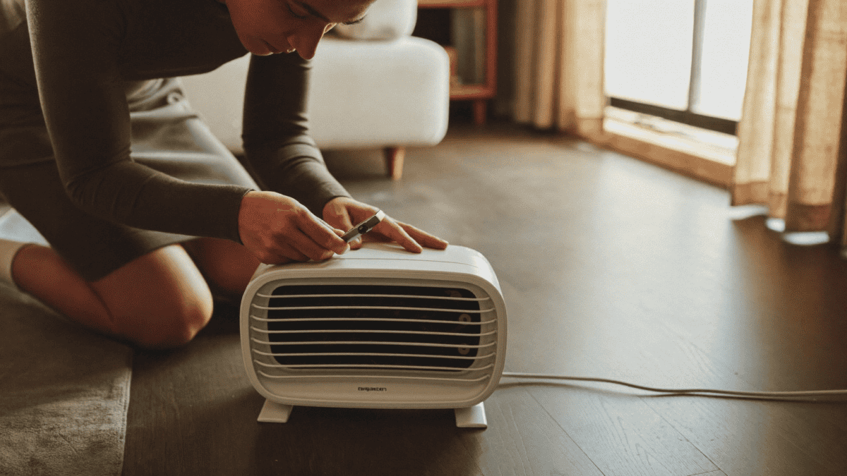 Person inspecting a space heater that is not working