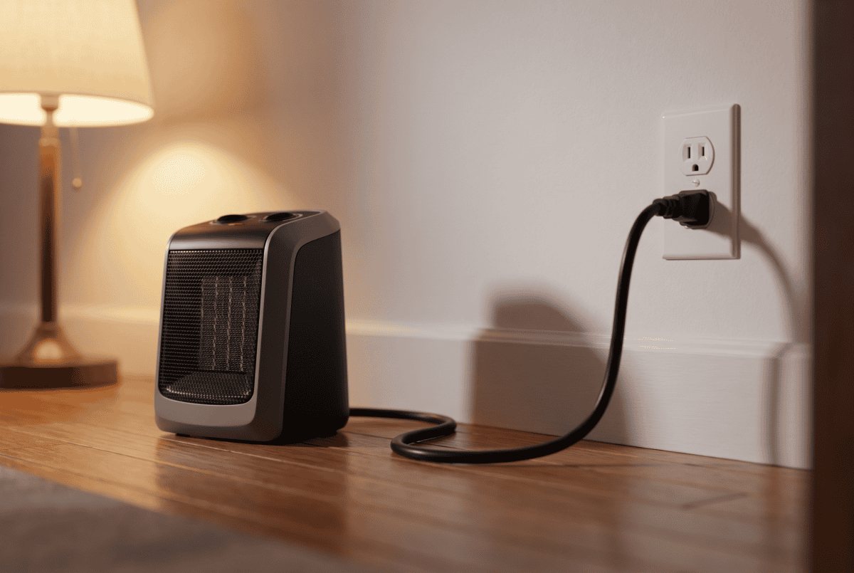 Small ceramic space heater on a hardwood floor plugged directly into a standard American wall outlet