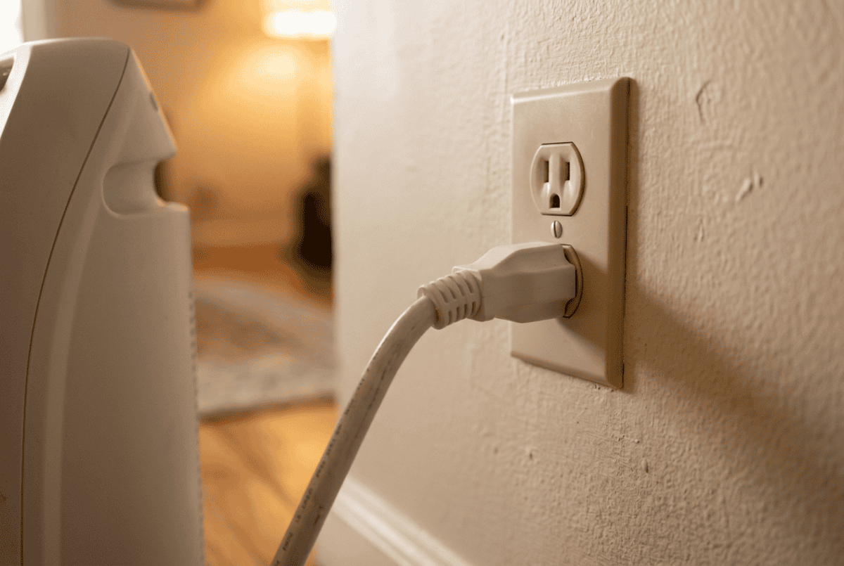 White space heater cord plugged directly into a wall outlet, the safe way to power a heater