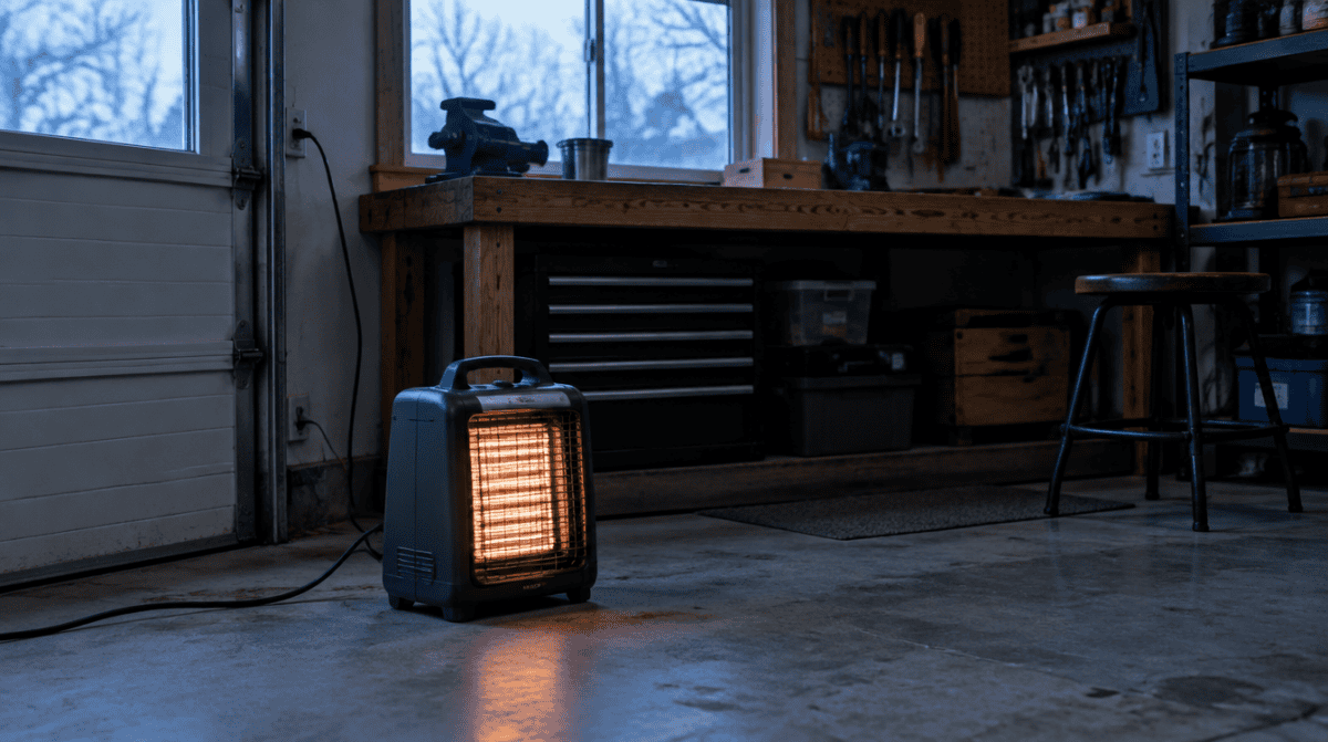Compact 120V electric heater warming a small home garage workshop in winter