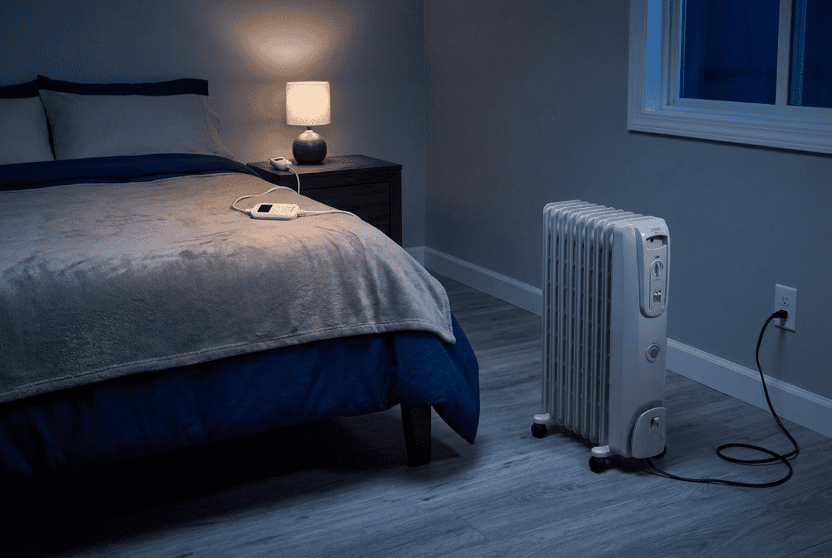 Gray heated blanket spread on a bed next to an oil-filled radiator space heater plugged into a bedroom wall outlet at night