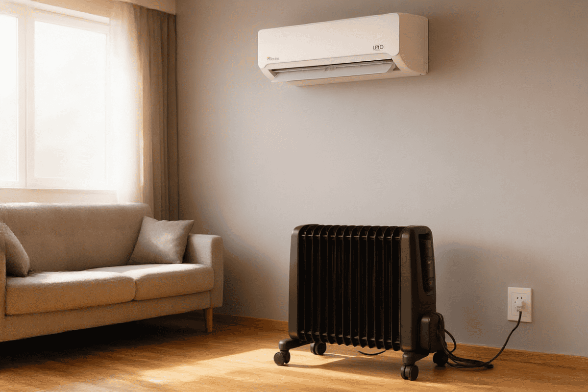 Ductless mini split indoor unit mounted high on a living room wall with an oil-filled radiator space heater on the floor below, plugged into a wall outlet