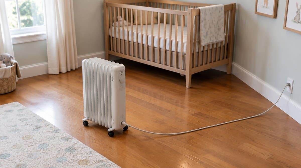 Oil-filled radiator heater standing on the open nursery floor several feet from the crib, its cord running to a wall outlet