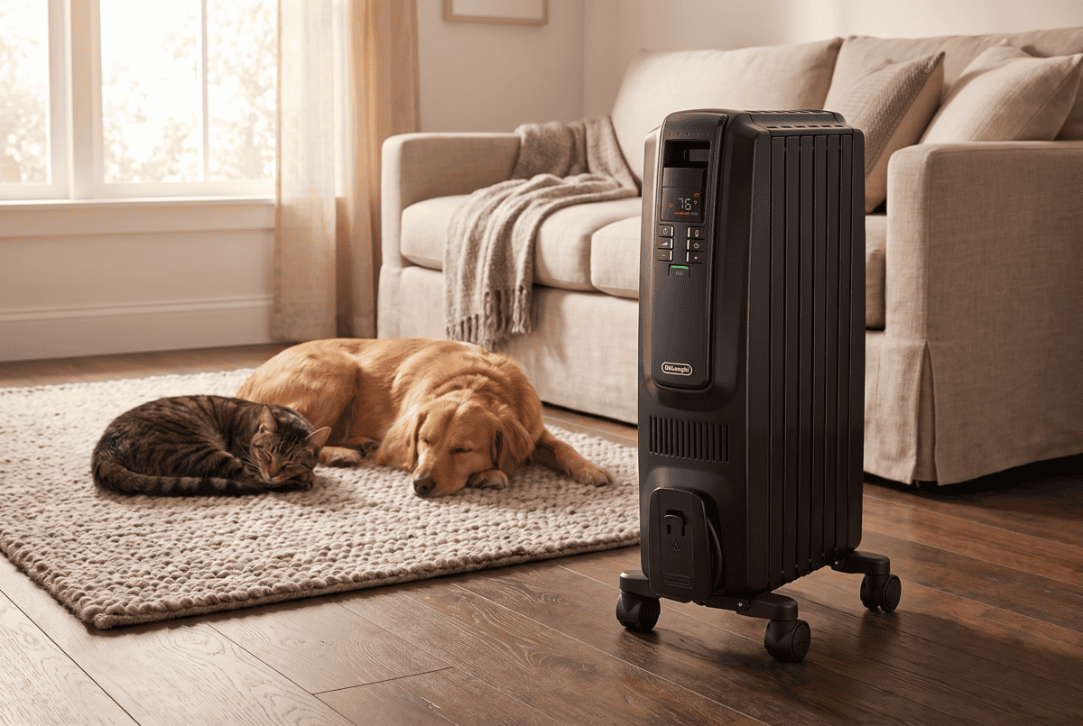 Sealed oil-filled radiator heater near a sleeping dog and cat resting a safe distance away