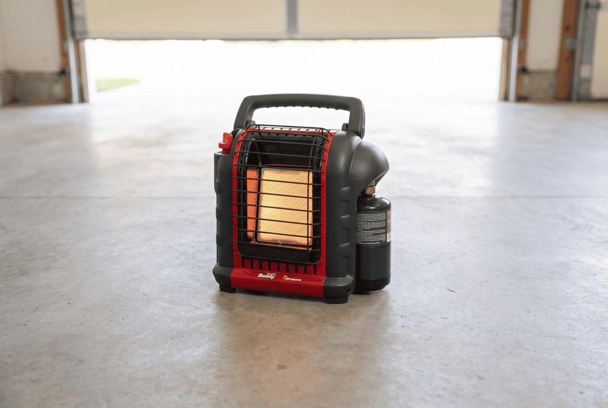 Mr. Heater Portable Buddy propane heater on a garage floor with the garage door open for ventilation