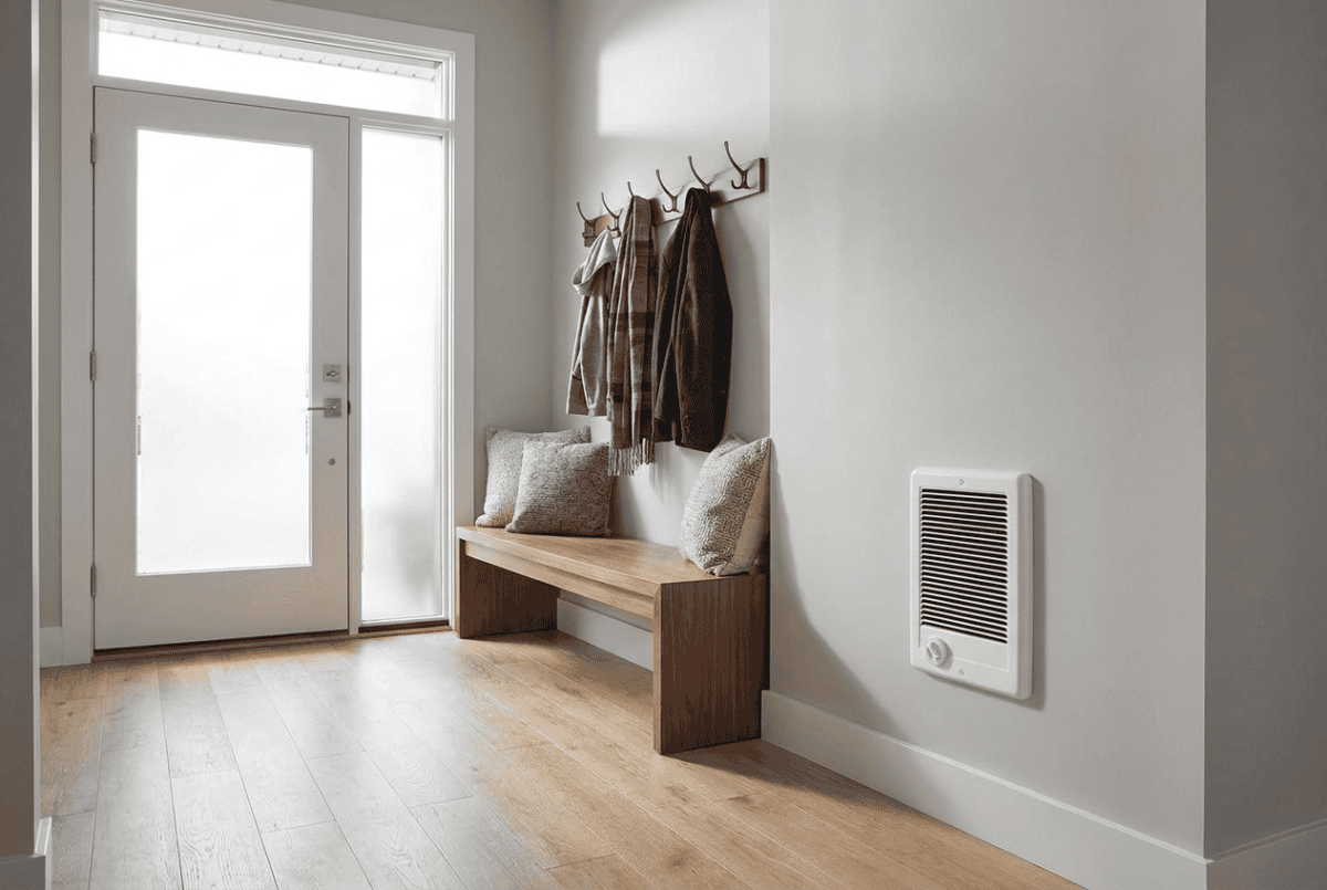 Recessed fan-forced electric wall heater installed flush in an entryway wall beside a bench and coat hooks