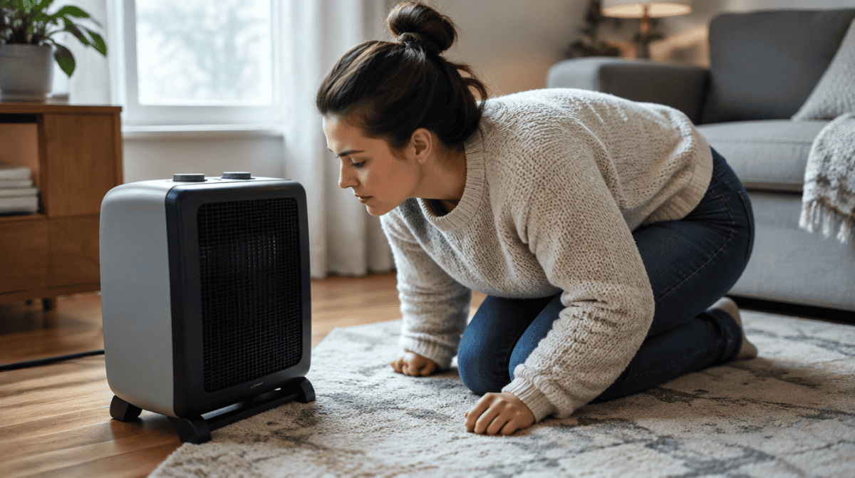 Person kneeling to listen to and inspect a portable space heater