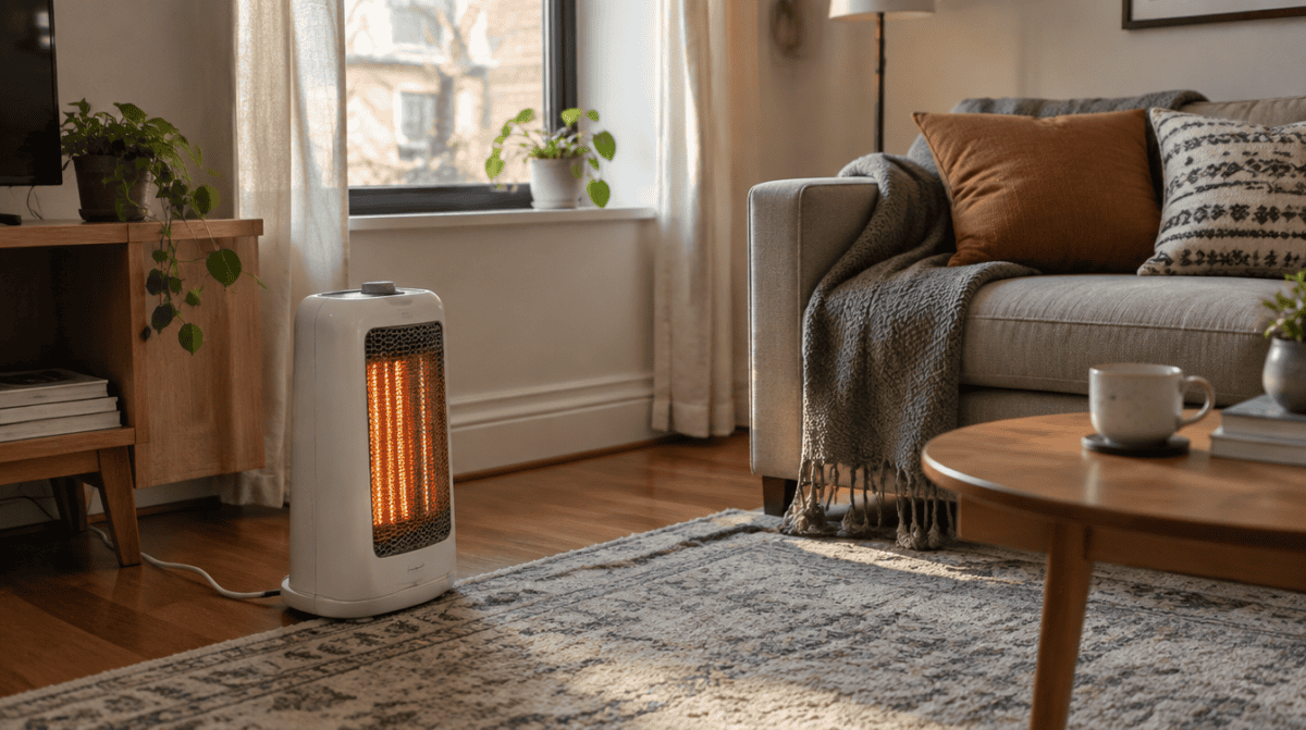 Portable electric space heater running in a rented apartment living room