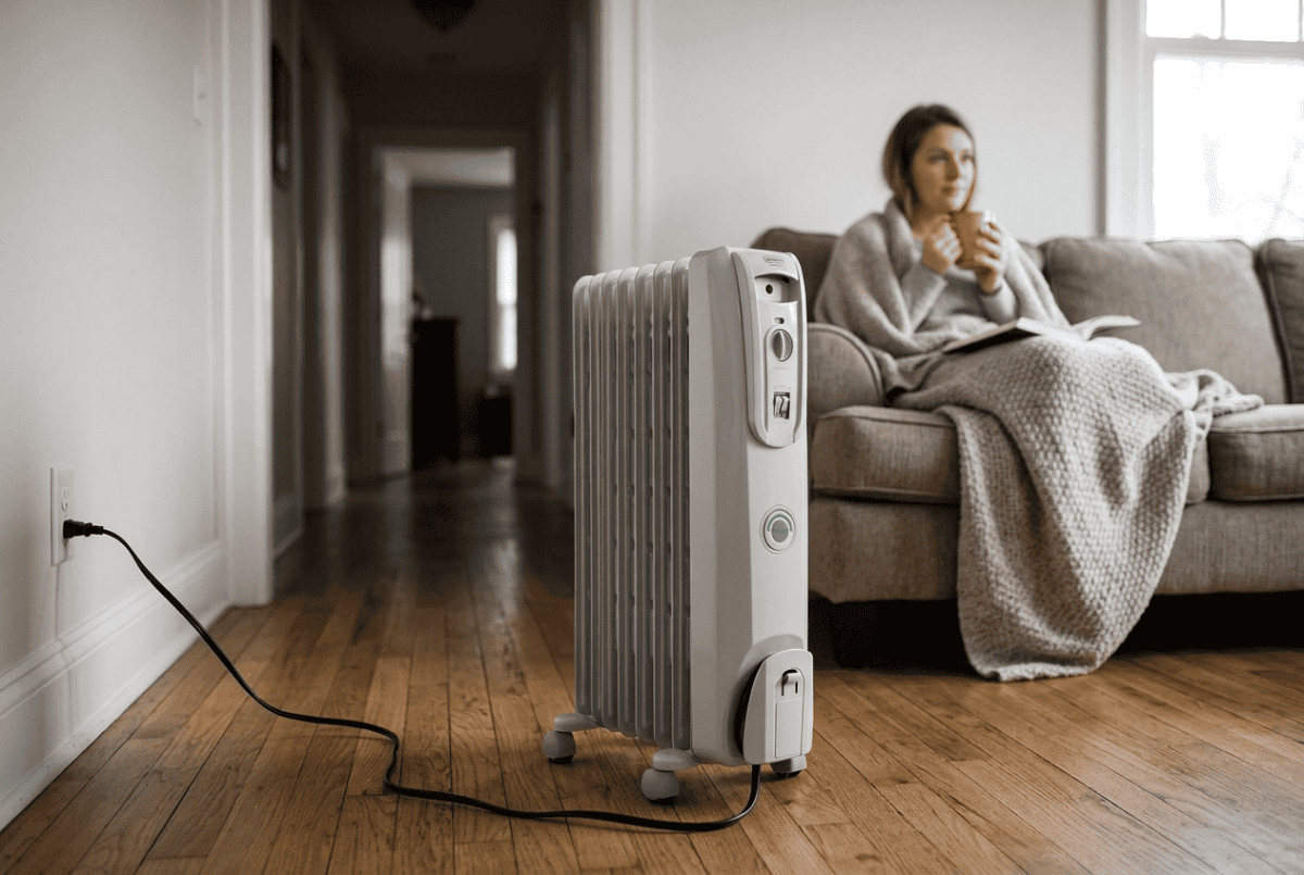 Oil-filled radiator space heater zone-heating one living room while the rest of the house stays cool, plugged directly into a wall outlet