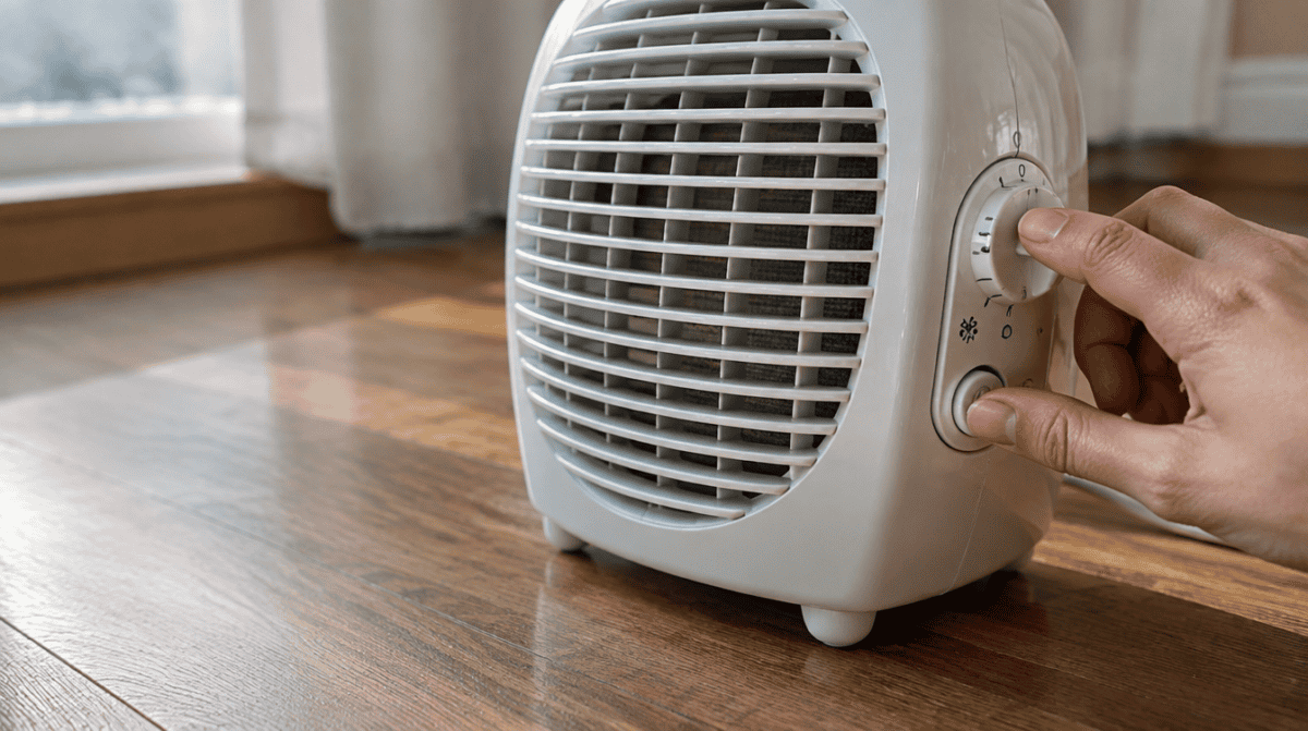 Hand pressing the power and reset controls on a ceramic space heater