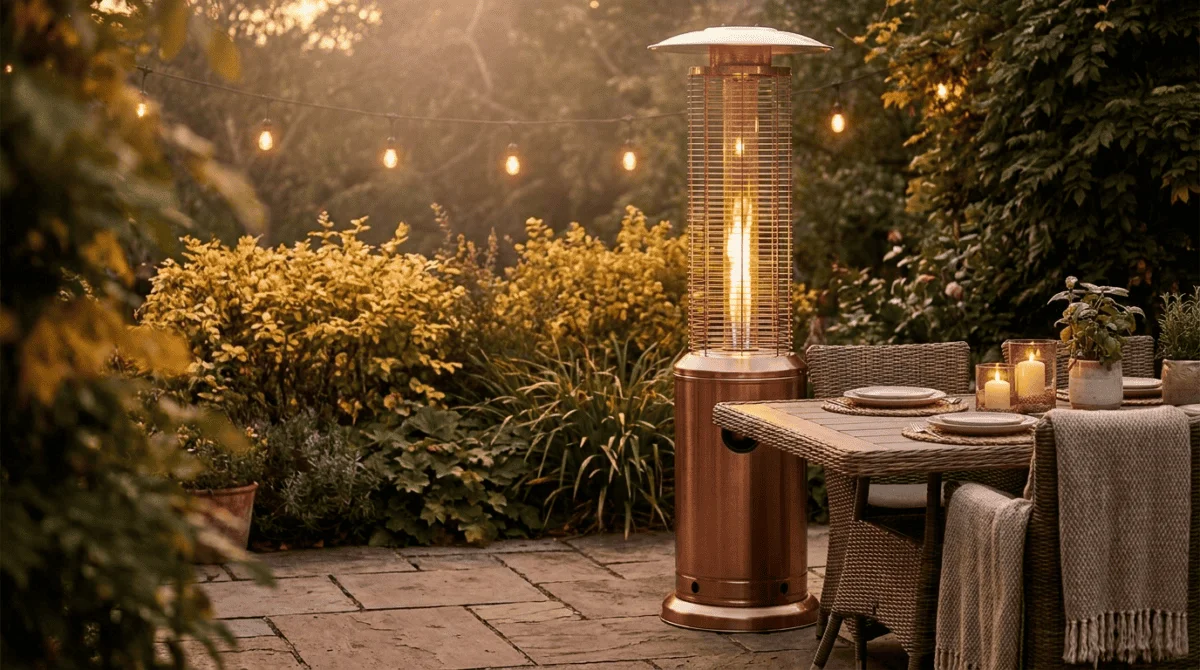 Freestanding patio heater glowing beside a rattan dining set in an evening garden