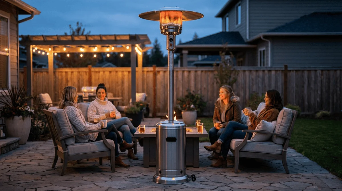 Tall freestanding propane patio heater glowing at dusk with friends seated nearby