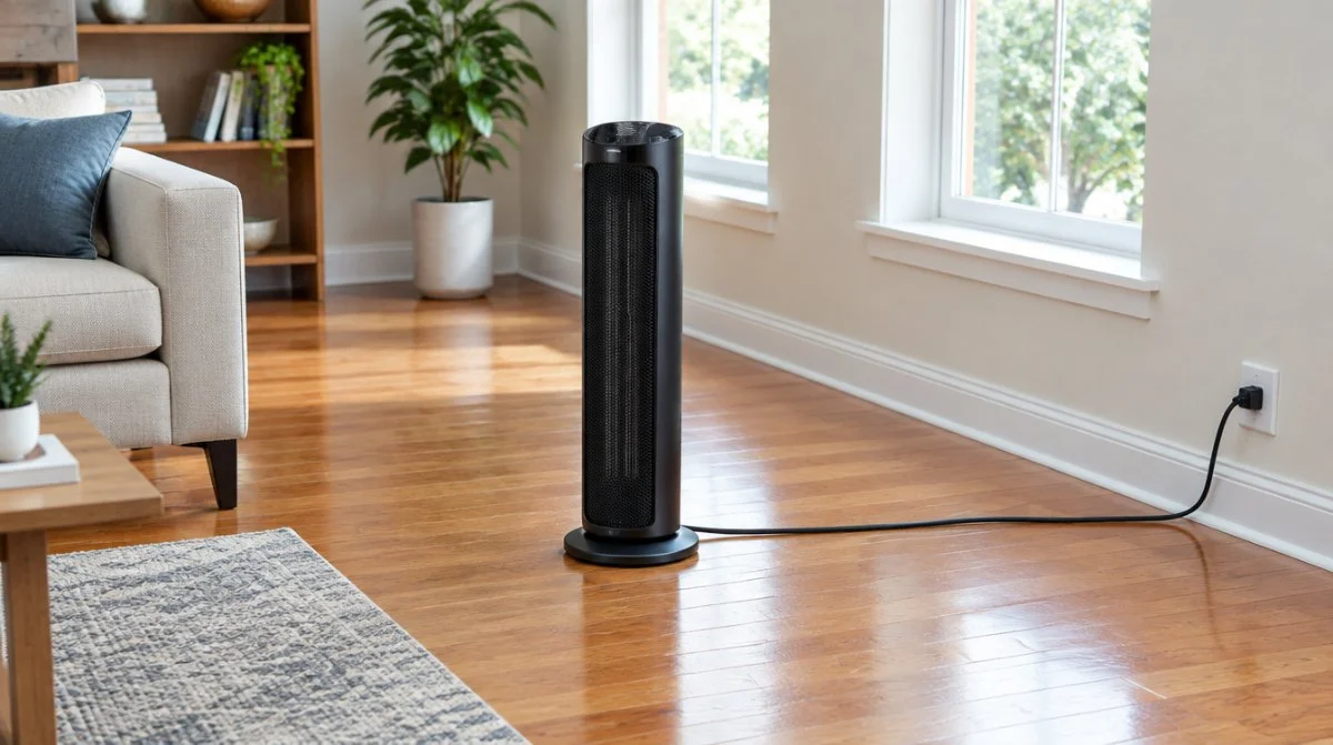 Black ceramic tower space heater on a bare hardwood living room floor with its cord running to a wall outlet