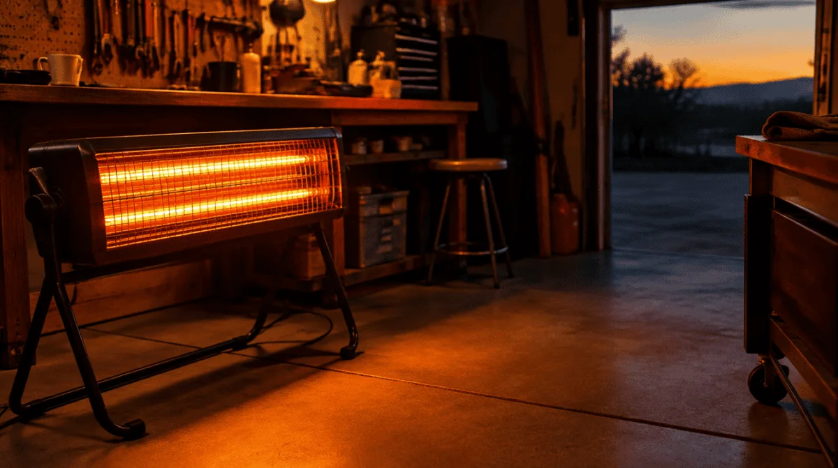 Infrared quartz heater with glowing orange tubes in a garage workshop