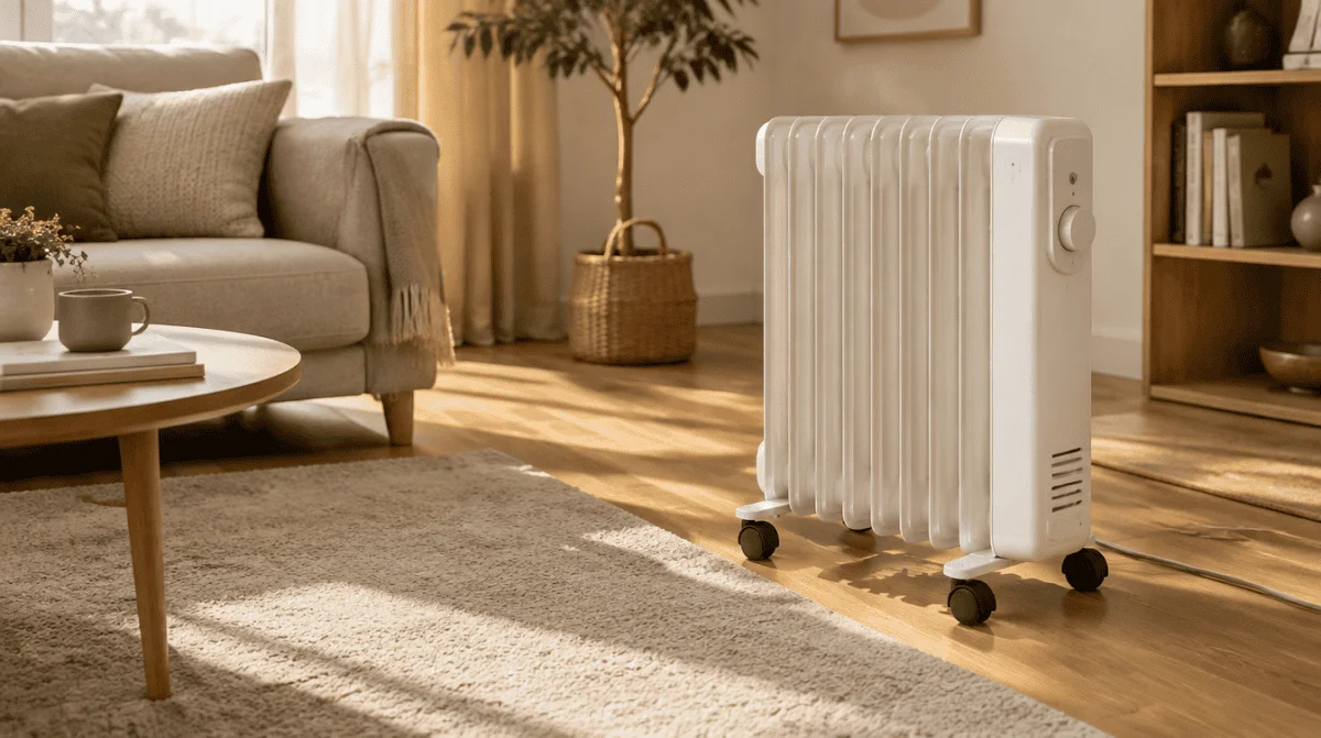 White oil-filled column radiator heater in a cozy living room